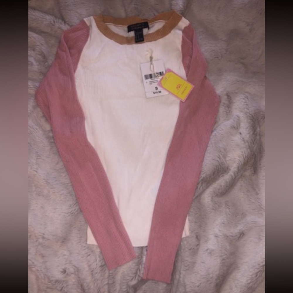 Forever 21 White Ribbed Top with Pink Sleeves and Tan Neckline